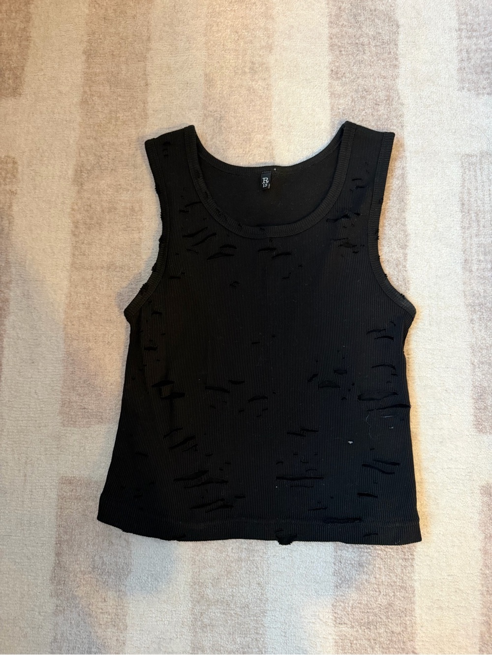 R13 Black Distressed Ribbed Tank Top